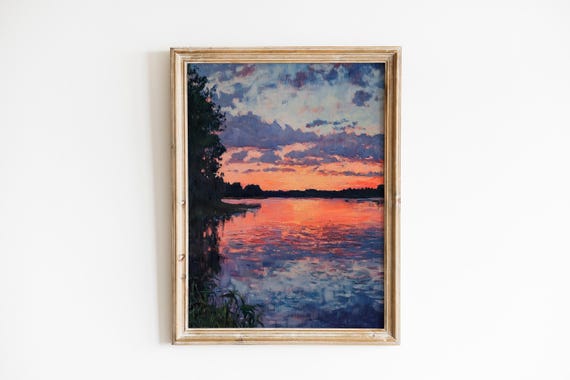 Lakeside Sunset Artwork Tranquil Evening Scene Serene Romantic Wall Art Moody Impressionist Print 323