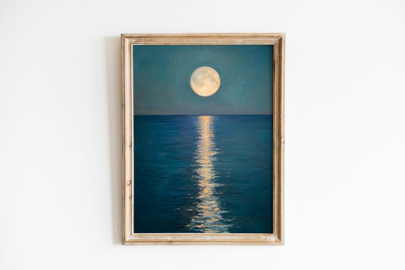 Moonrise Over Serene Sea Moody Coastal Wall Art Vintageinspired Landscape Calming Seascape Reflection Decor 899