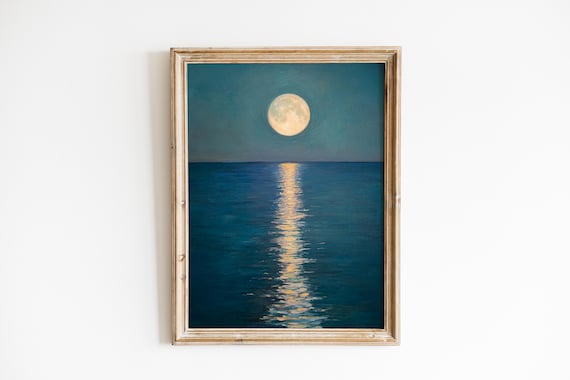 Moonrise Over the Sea Painting Print Golden Moonlight Calm Ocean Night Decor