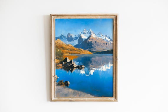 Patagonian Mountain Peaks Art Serene Lake Reflection Cool Moody Landscape Decor Nature Wall 510
