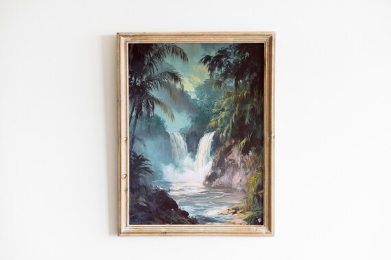 Moody Tropical Waterfall Art Dramatic Jungle Landscape Vintage Style Wall Decor Serene Nature Scene 632