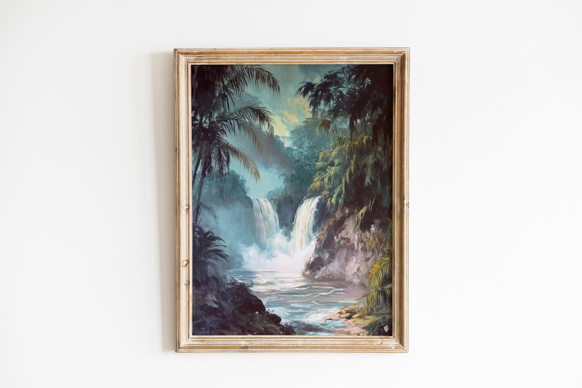 Tropical Waterfall in Misty Jungle Moody Vintage Landscape Art Poster