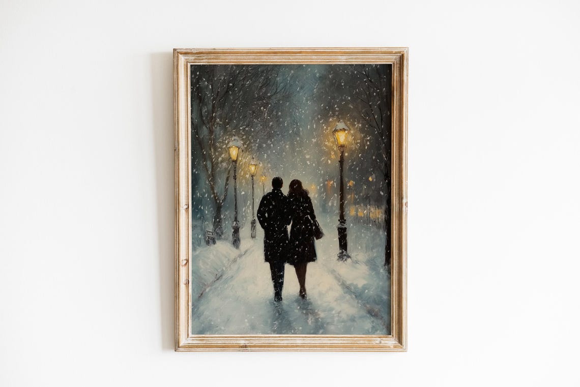 Romantic Couple On Snowy Street Night Under Lamp Light Poster