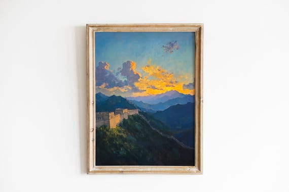 Sunrise Over Great Wall Of China Moody Landscape Painting Mountain Art Serene Morning Scene Decor 341