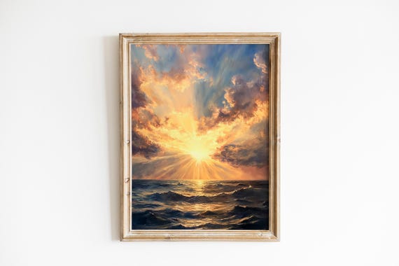 Moody Seascape Stormy Ocean With Sunbeams Dramatic Coastal Wall Art Romantic Sunset Waves Atmospheric 805