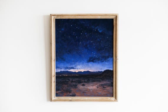 Celestial Nightscape Moody Desert Starry Sky Dramatic Indigo Painting Serene Night Landscape Art 785