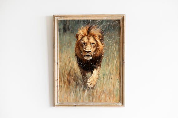 Lion In Stormy Grasslands Painting Moody Rustic Safari Art Majestic Portrait Dramatic Earthy Decor Wall 1165