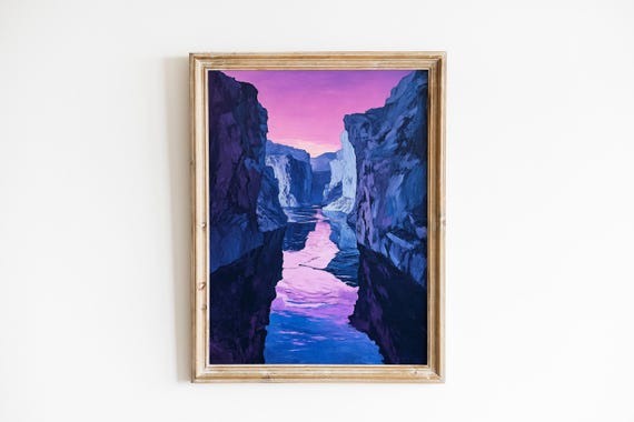 Moody Desert Canyon Landscape Art Dramatic Vertical Painting Colorful River Reflections Surreal Rock Walls Wall Decor 1039