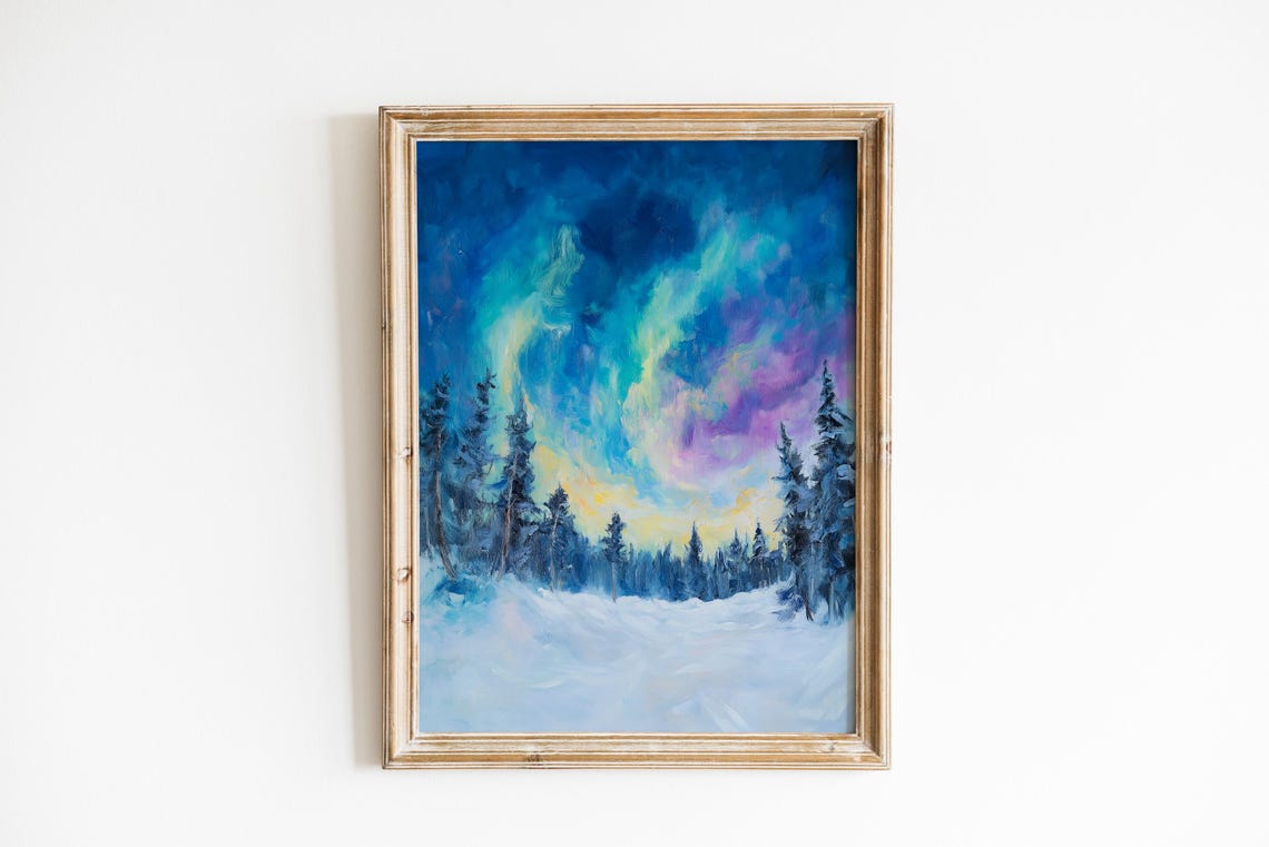 Northern Lights Snowy Pine Forest Aurora Borealis Winter Art Poster