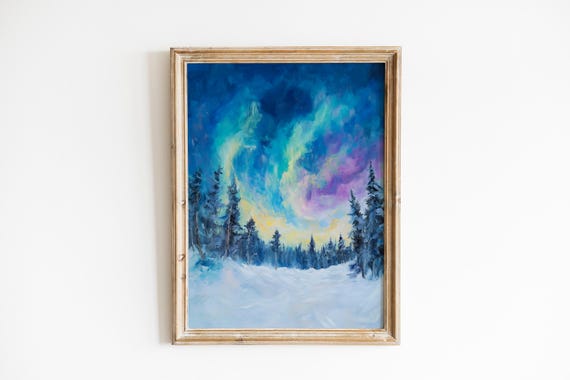 Moody Northern Lights Over Snowy Pines Wintery Aurora Borealis Scene Painterly Forest Landscape Cozy Natureinspired Art 719