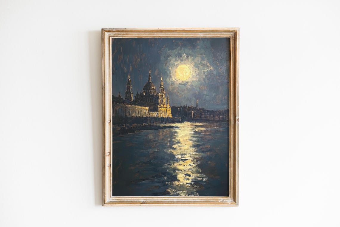Moody Moonlit Cityscape Cathedral River Night Vintage Art Poster