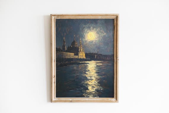 Moody Moonlit Cityscape Vintage Nighttime Art Dramatic Impressionistic Painting Temple Rooftops Water Reflection Decor 670