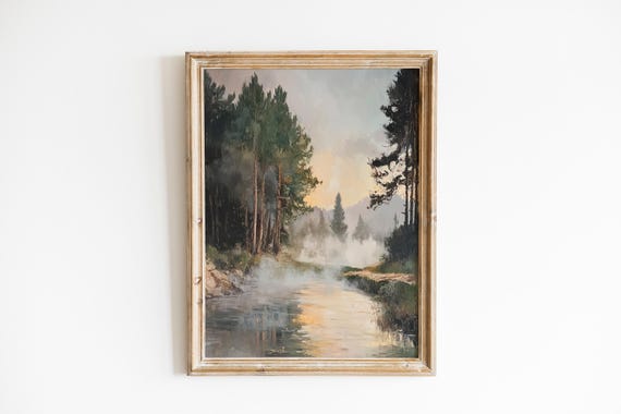 Moody Misty Hot Spring Landscape Art Rustic Forest Scene Tranquil Wall Decor Earthy Nature Painting 626