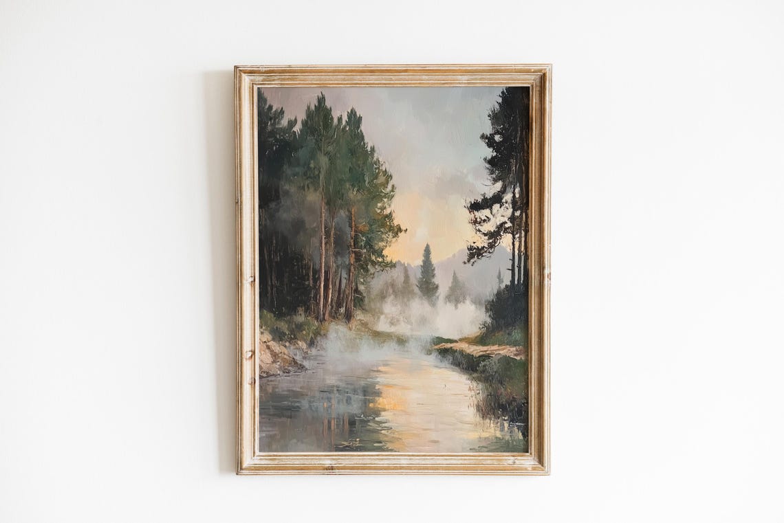 Misty Forest Stream at Dusk Steam Rising Between Dark Pines Poster