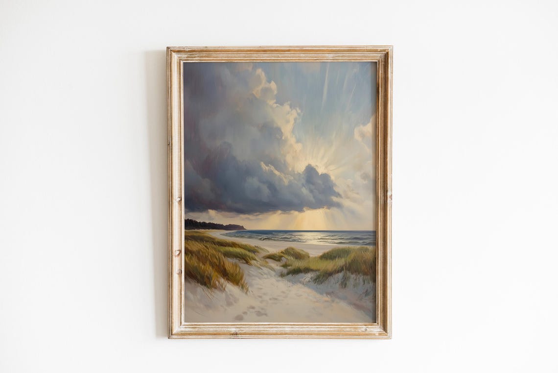 Moody Coastal Dunes Sunset Beach Seascape Painting Decor Wall Art
