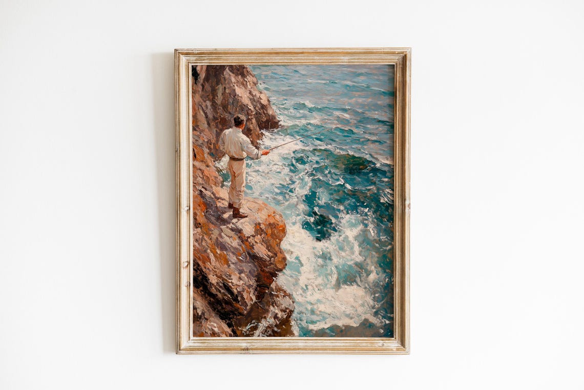 Moody Coastal Wall Art Dramatic Seascape Of Man Fishing On Rugged Cliffs Textured Maritime Landscape 203