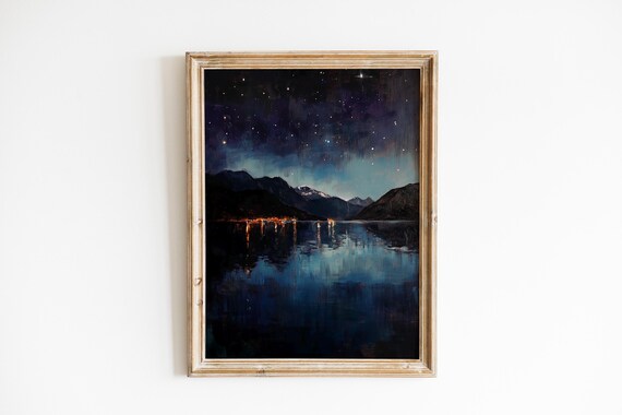 Moody Starry Night Over Lake Wanaka Painting Celestial Nightscape Art Reflections Of Milky Way Tranquil Water Scene Decor 792
