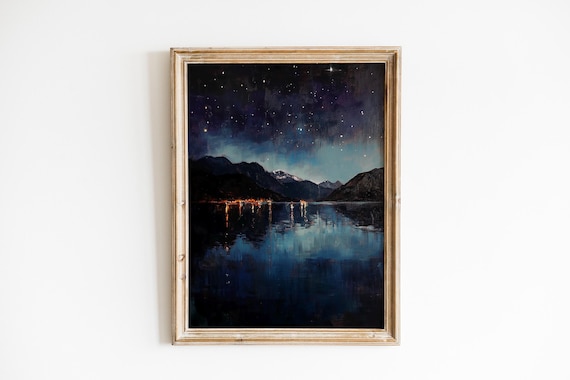 Starry Night Mountain Lake Reflection Celestial Oil Painting Poster