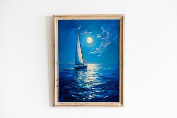 Moody Sailboat On Moonlit Water Painting Serene Nautical Art Coastal Wall Decor Traditional Seascape 159