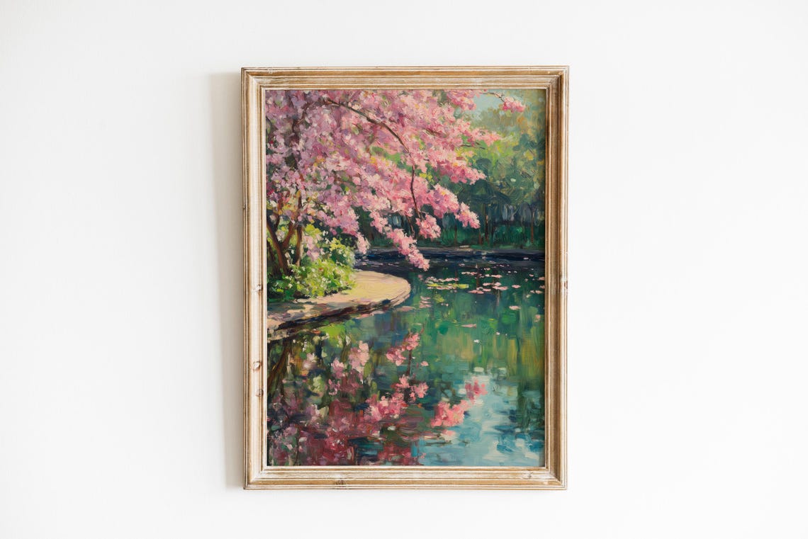 Pink Cherry Blossom Reflection Pond Impressionist Spring Poster