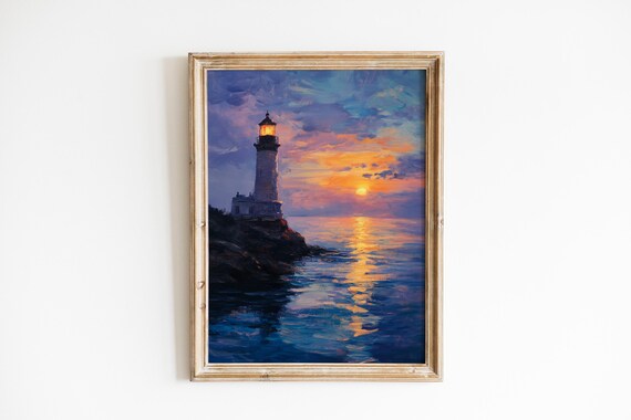Moody Lighthouse At Twilight Print Coastal Wall Art Vintage Seascape Painting Nautical Decor 196