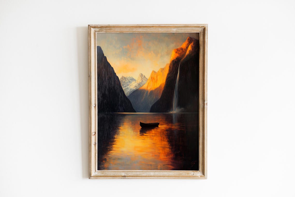 Moody Fjord Dusk Golden Sunset Lone Canoe Landscape Art Poster