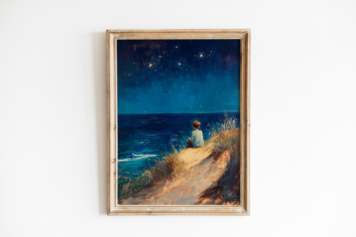 Child Watching Stars Over Deep Blue Sea Night Oil Painting Wall Art