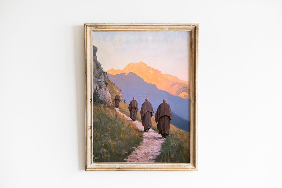 Monks Walking Mountain Path Golden Hour Serene Oil Painting Poster