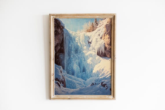 Dramatic Frozen Waterfall Print Luminous Winter Landscape Art Serene Icefall Cool Toned Wall Decor 1079