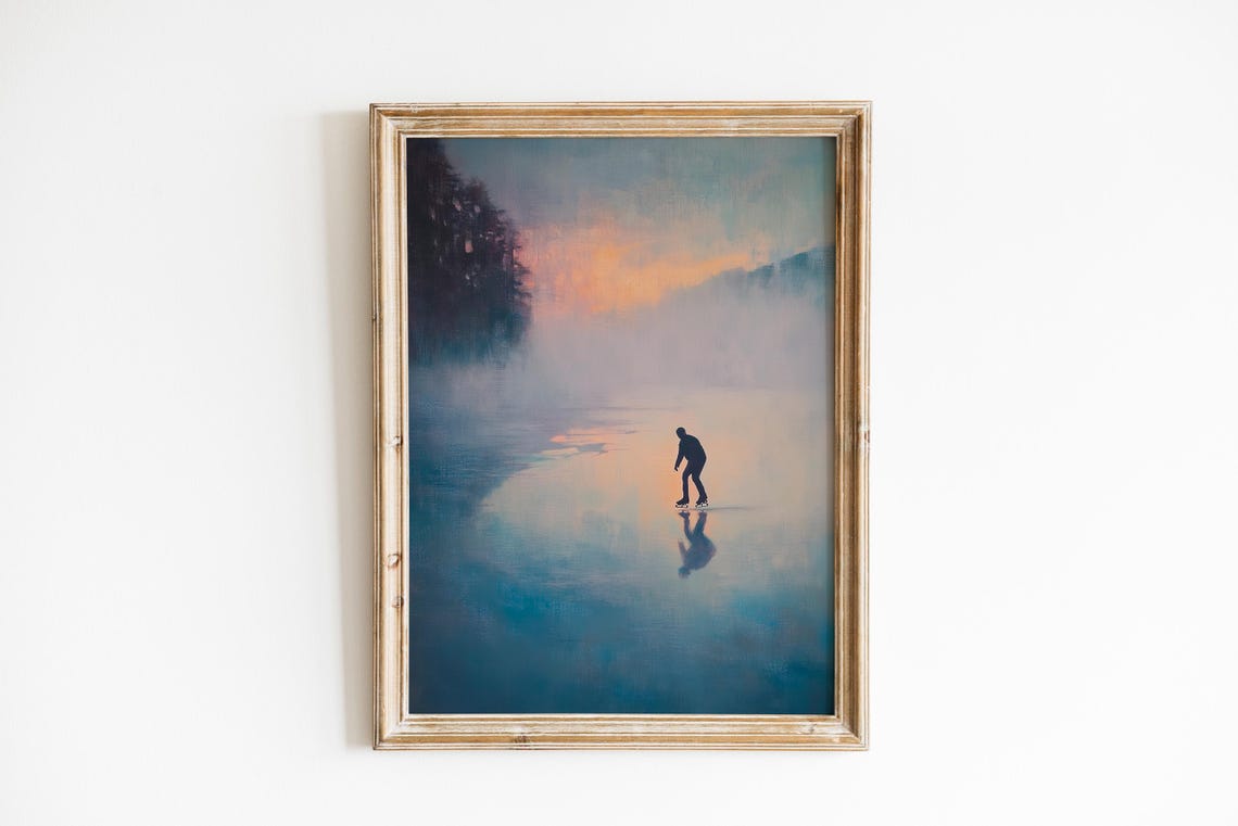 Lone Ice Skater Misty Lake Dawn Soft Pastel Winter Art Poster