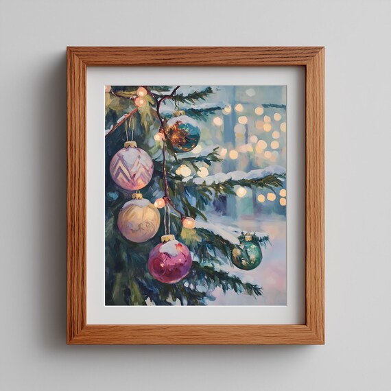 Vintage Christmas Ornaments on Snowy Branch Cozy Holiday Wall Art