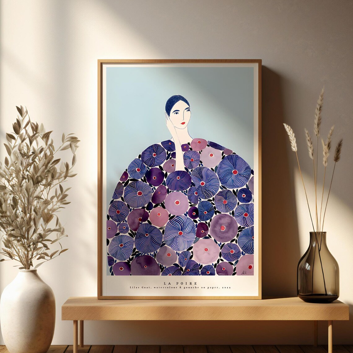Elegant Woman in Lilac Purple Patterned Coat Fashion Art Print - Image 3