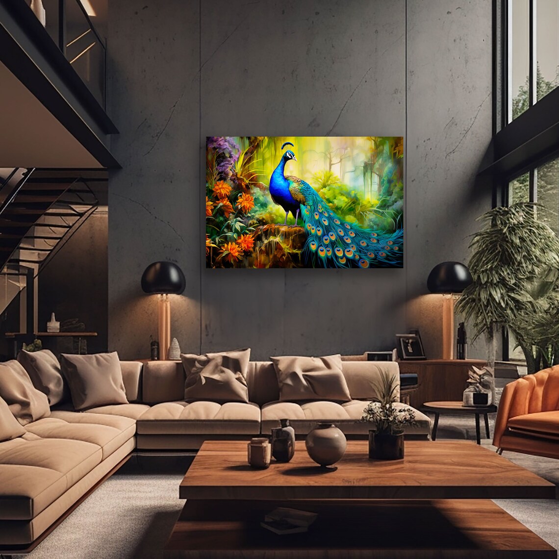 Majestic Blue Peacock in Tropical Jungle Painting Colorful Bird Poster - Image 2