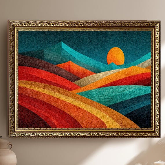 Abstract Colorful Landscape Geometric Mountain Horizon With Vibrant Sunset In Red Orange Teal Modern Wall Art Print
