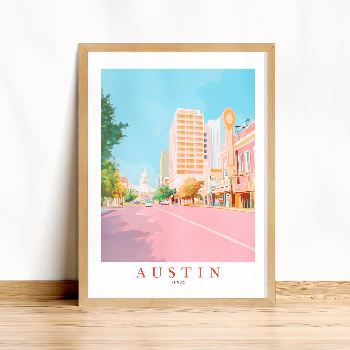 Austin Texas Capitol Pink Street Cityscape Retro Travel Poster