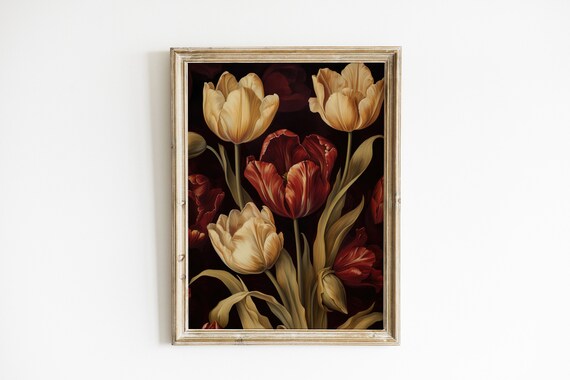 Golden Tulips On Dark Background Vintage Botanical Floral Art Poster