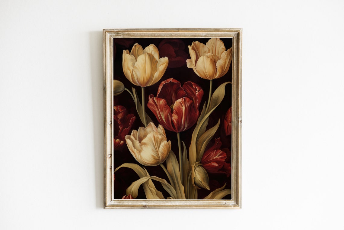 Golden Tulips On Dark Background Vintage Botanical Floral Art Poster