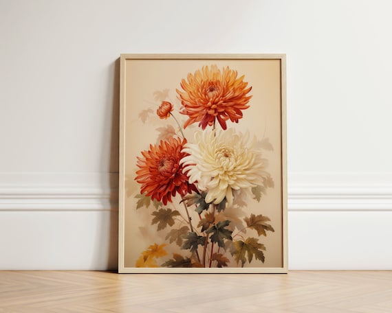 Chrysanthemum Mums Bouquet in Rustic Fall Hues Vintage Botanical Print