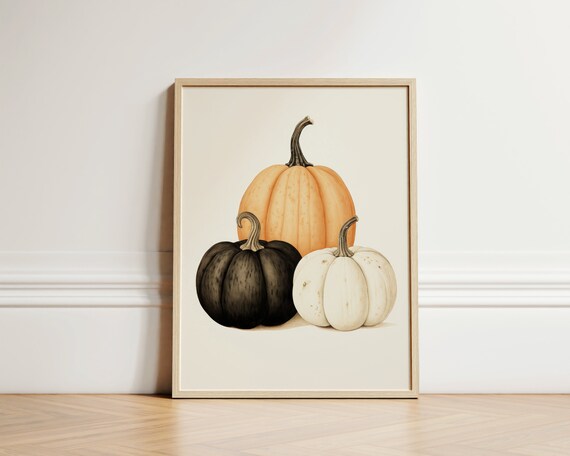Three Vintage Pumpkins in Orange Black and White Fall Botanical Poster