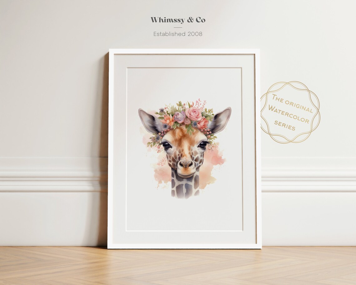Sweet Baby Giraffe with Floral Crown Watercolor Nursery Wall Art