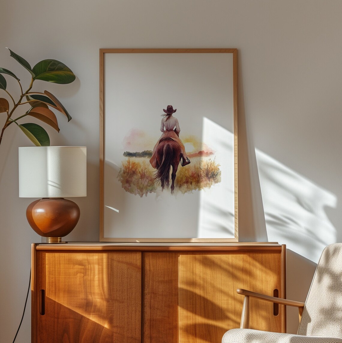 Cowgirl Riding Horse at Sunset Western Watercolor Ranch Poster