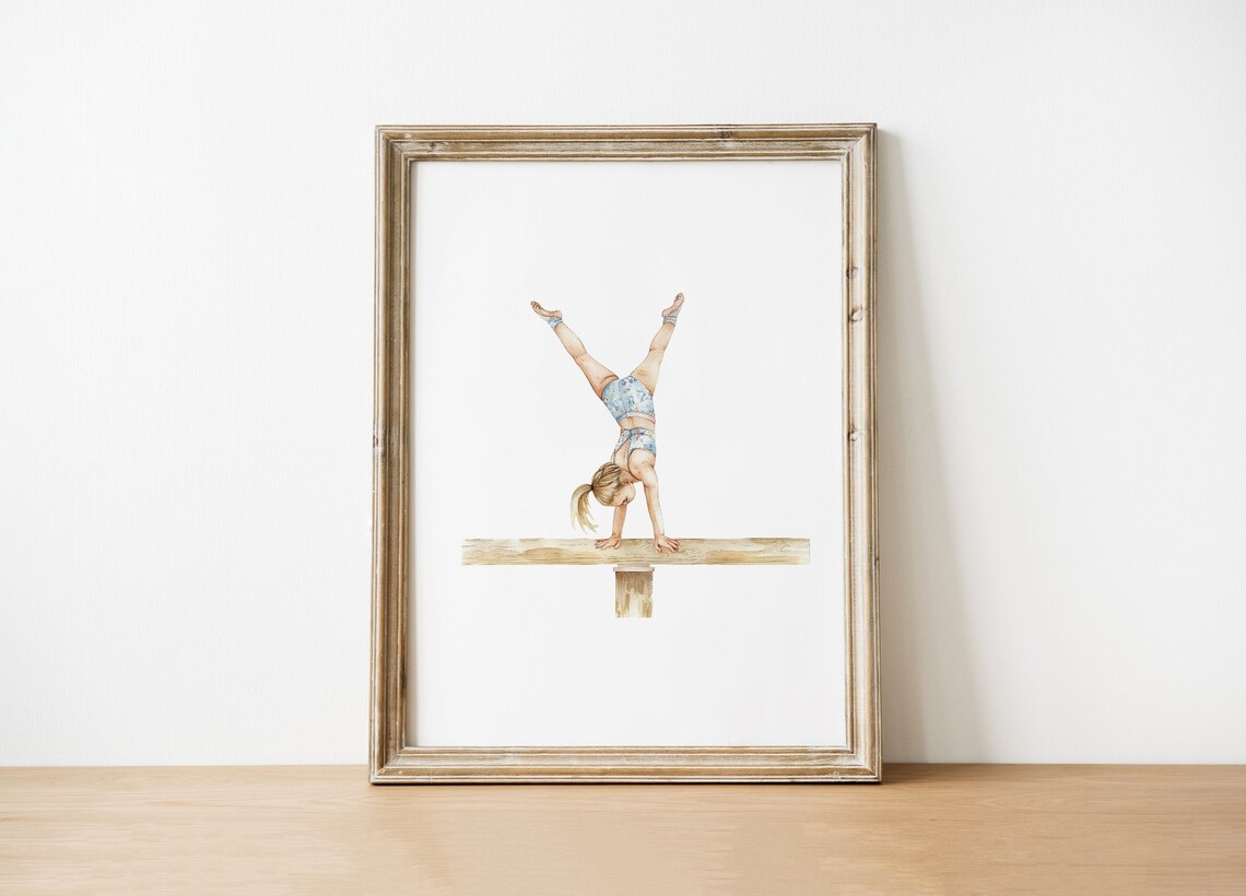 Toddler Gymnast Balance Beam Handstand Watercolor Kids Art Poster