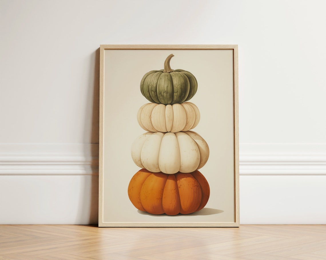 Stacked Pumpkins In Orange Cream And Green Fall Decor Poster