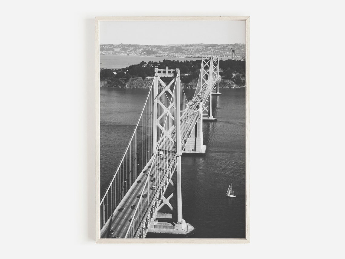 San Francisco Bay Bridge Aerial Black White Modern Photo Poster