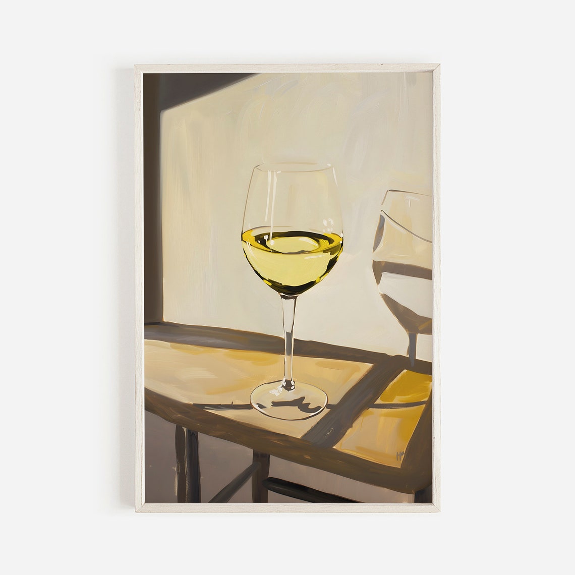 White Wine Glass Sunlit Table Minimalist Still Life Art Poster