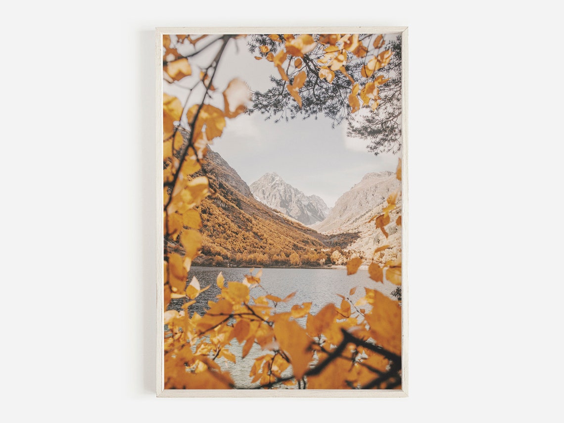 Golden Autumn Leaves Framing Mountain Lake Fall Landscape Photo Poster