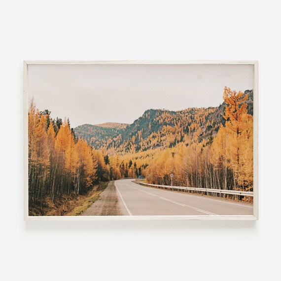 Scenic Autumn Road Through Golden Mountain Forest Photography Poster