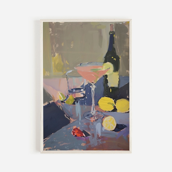 Pink Cosmopolitan Martini Glass Lemon Vintage Pastel Art Print