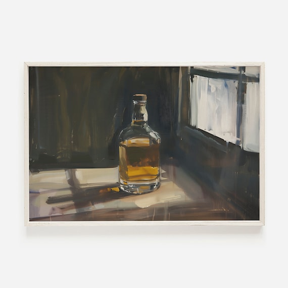 Whiskey Bottle by the Window Moody Still Life Oil Painting Poster