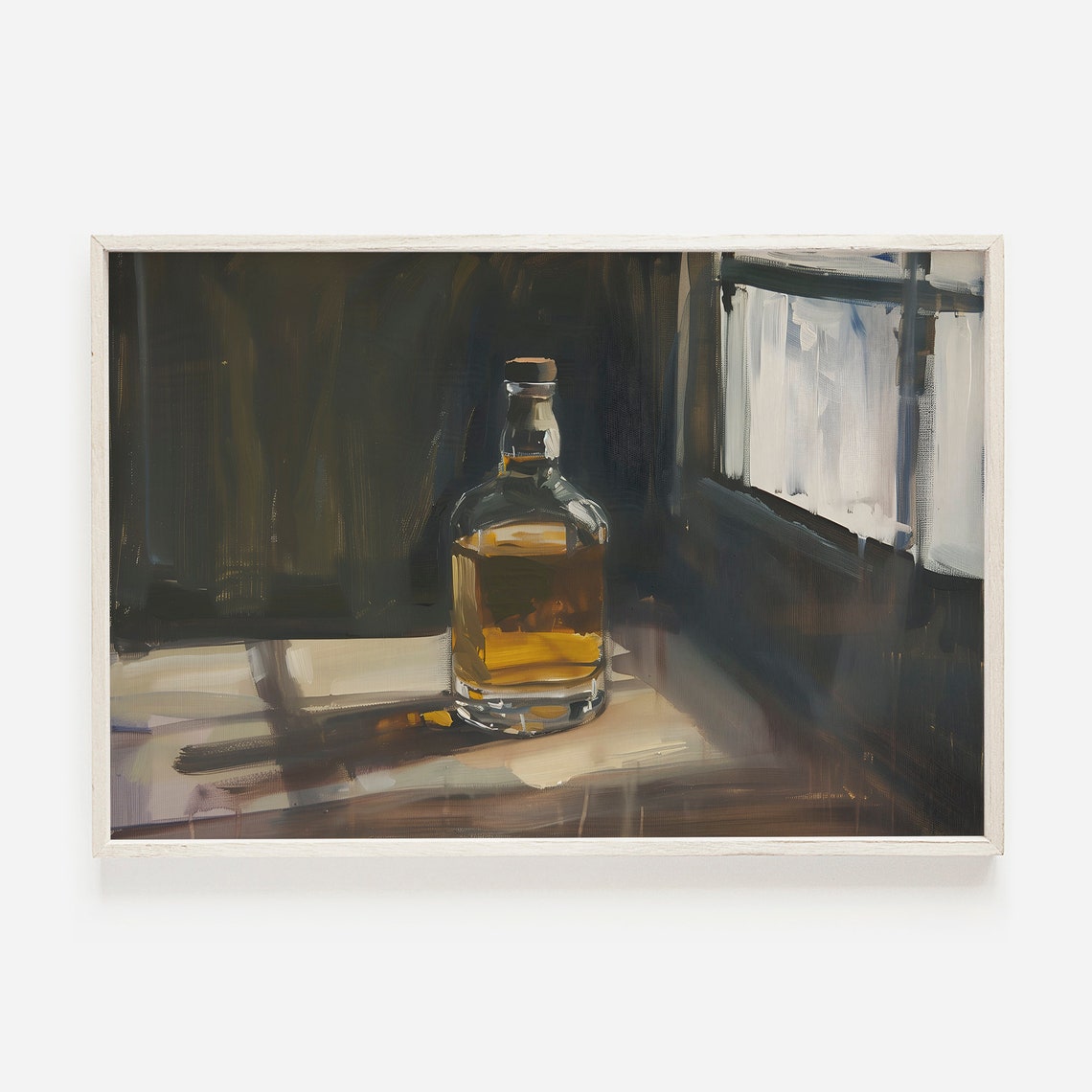 Whiskey Bottle by the Window Moody Still Life Oil Painting Poster